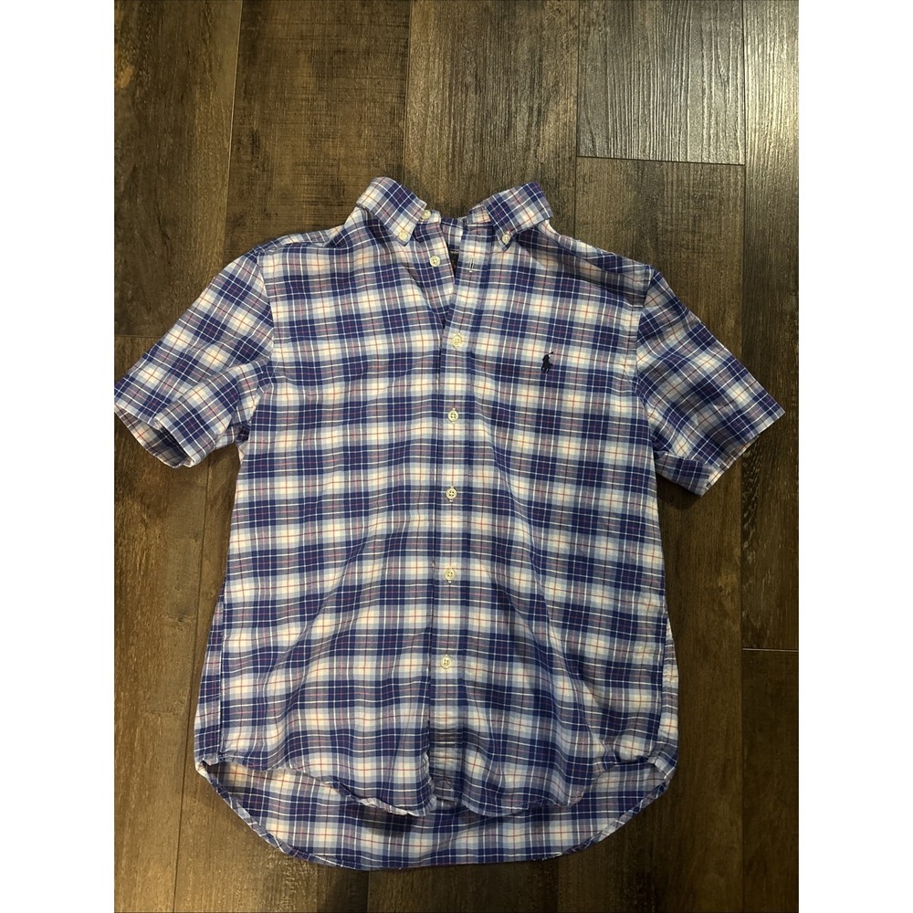 Ralph Lauren Boys Large 14-16 Short Sleeve Button Up Blue Plaid Preppy
